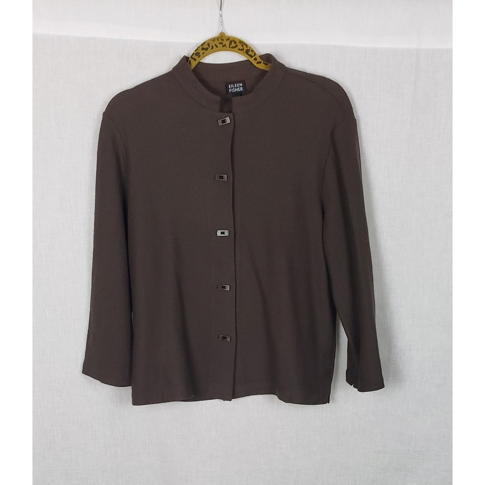 EILEEN FISHER Brown Button Front Mock Neck Knit Blazer Jacket M 100% Wool Casual